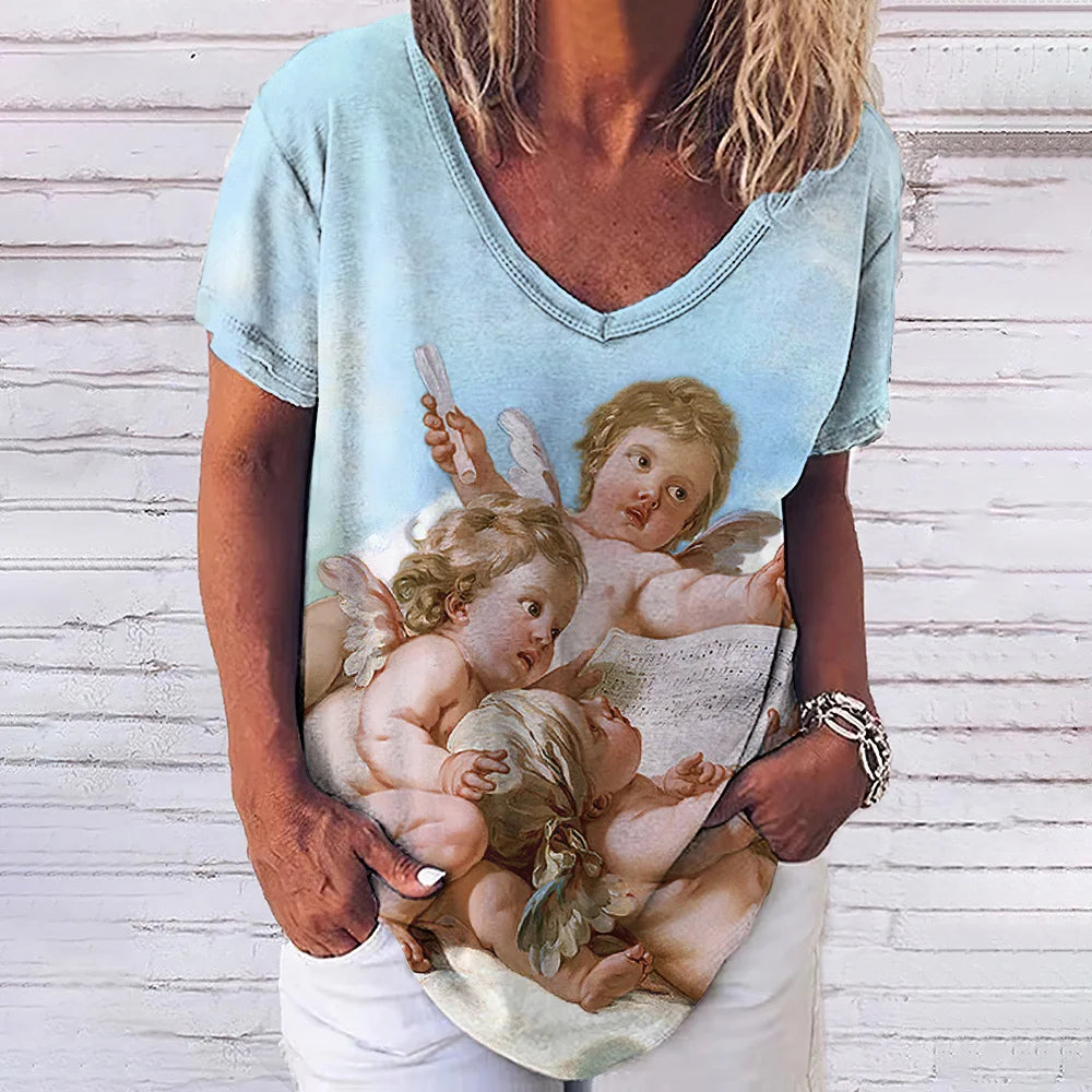 3D Printed T Shirts for Women Summer V-Neck Short Sleeved Tee Vintage Jesus Christ Women's T-Shirt Casual Streetwear Top Shirt