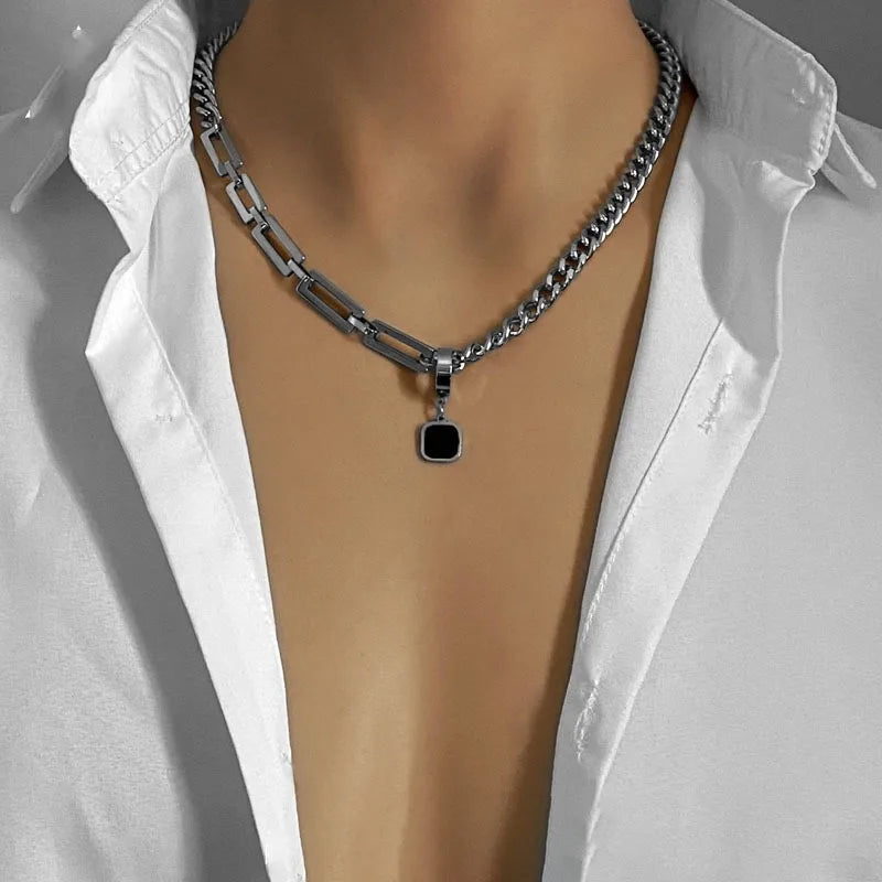 Edelstahl Cuban Gliederkette Halskette für Herren Schwarz Quadrat Anhänger Halskette Herren Halsketten Coole Hip Hop Halskette Neu