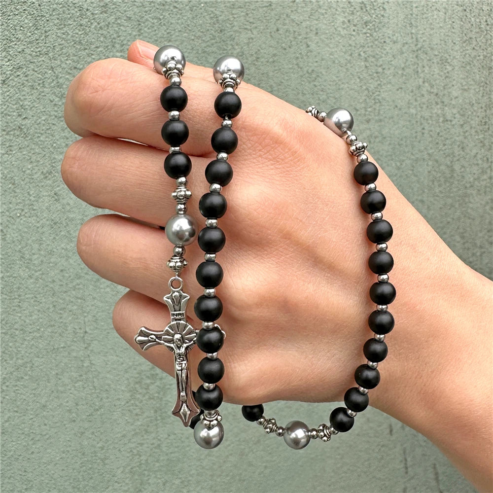 Natural Labradorite Tiger Eye Stone Bracelet Catholic Christ Rosary Cross Pendant Bracelets Men Meditation Prayer Jewelry Gift