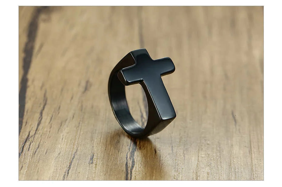 Vnox Einzigartiger Kreuz-Flachring für Herren, glänzender Edelstahl Christus Jesus Gebet Glaube Anel Bruderschaftsringe