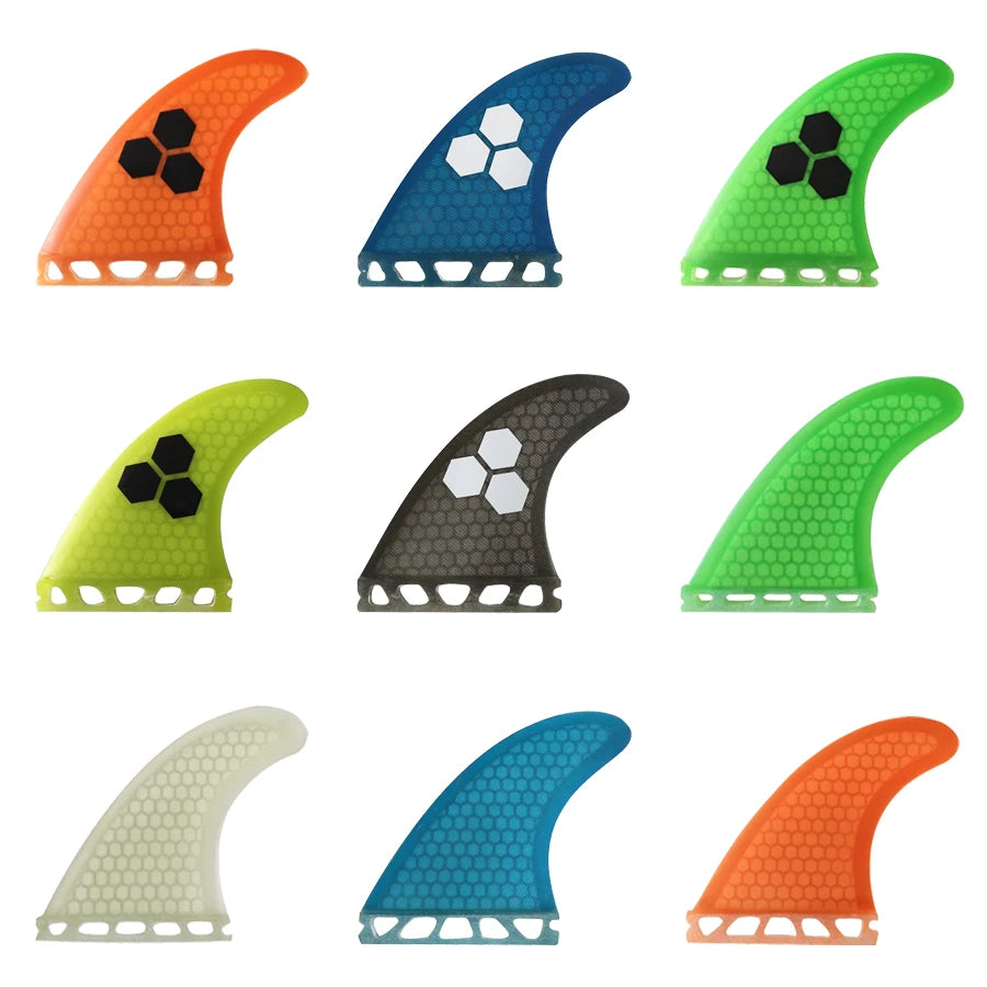 Surfbrett Flossen Set Tri Finnen UPSURF Future S/M/L Honeycomb Fiberglas Orange/Gelb/Blau/Grau/Grün mit schwarzem Logo Funboard Finnen