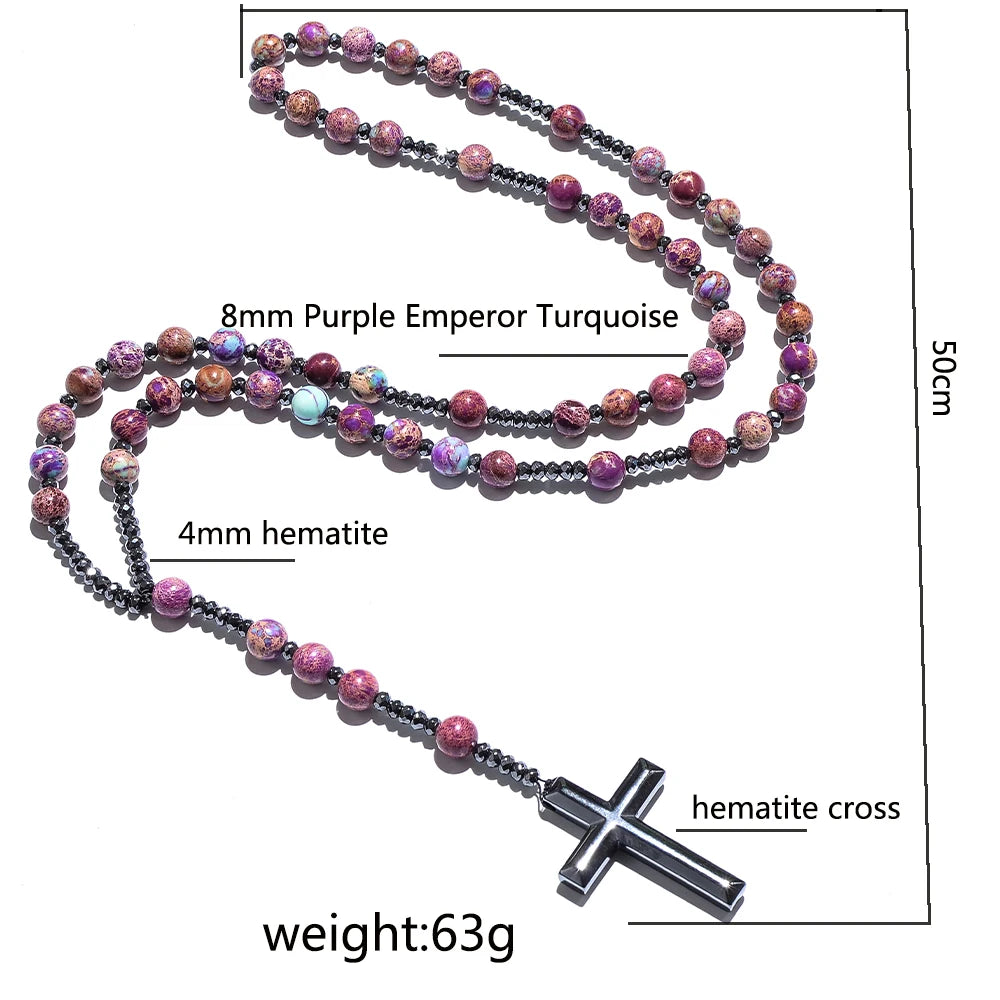 8mm Natursteinperlen Hämatit Kreuzanhänger für Herren Damen Katholische Christus Rosenkranz Kreuzanhänger Halskette Dropshipping