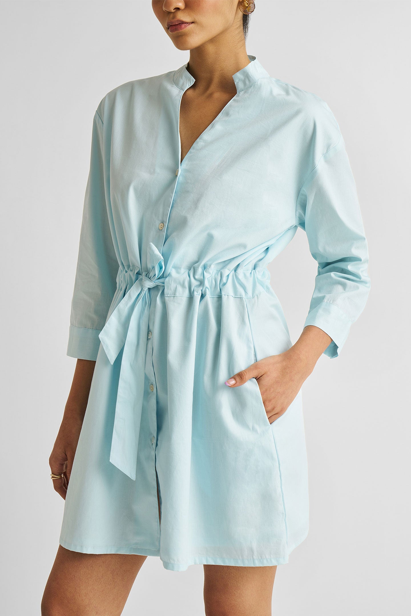 Short Tie Waist Dress in Summer Blue