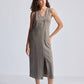 Straight Dress with Front Slit in Dark Green Hemp