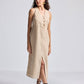 Straight Dress with Front Slit in Neutral Beige Hemp