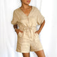 V neck Drawstring Romper in Neutral Beige