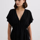 Oversized Gathered V-neck Maxi Dress in Black