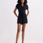 V neck Drawstring Knit Romper in Black