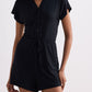 V neck Drawstring Knit Romper in Black