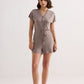 V-neck Drawstring Knit Romper in Earth Grey