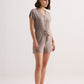 V-neck Drawstring Knit Romper in Earth Grey