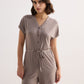 V-neck Drawstring Knit Romper in Earth Grey