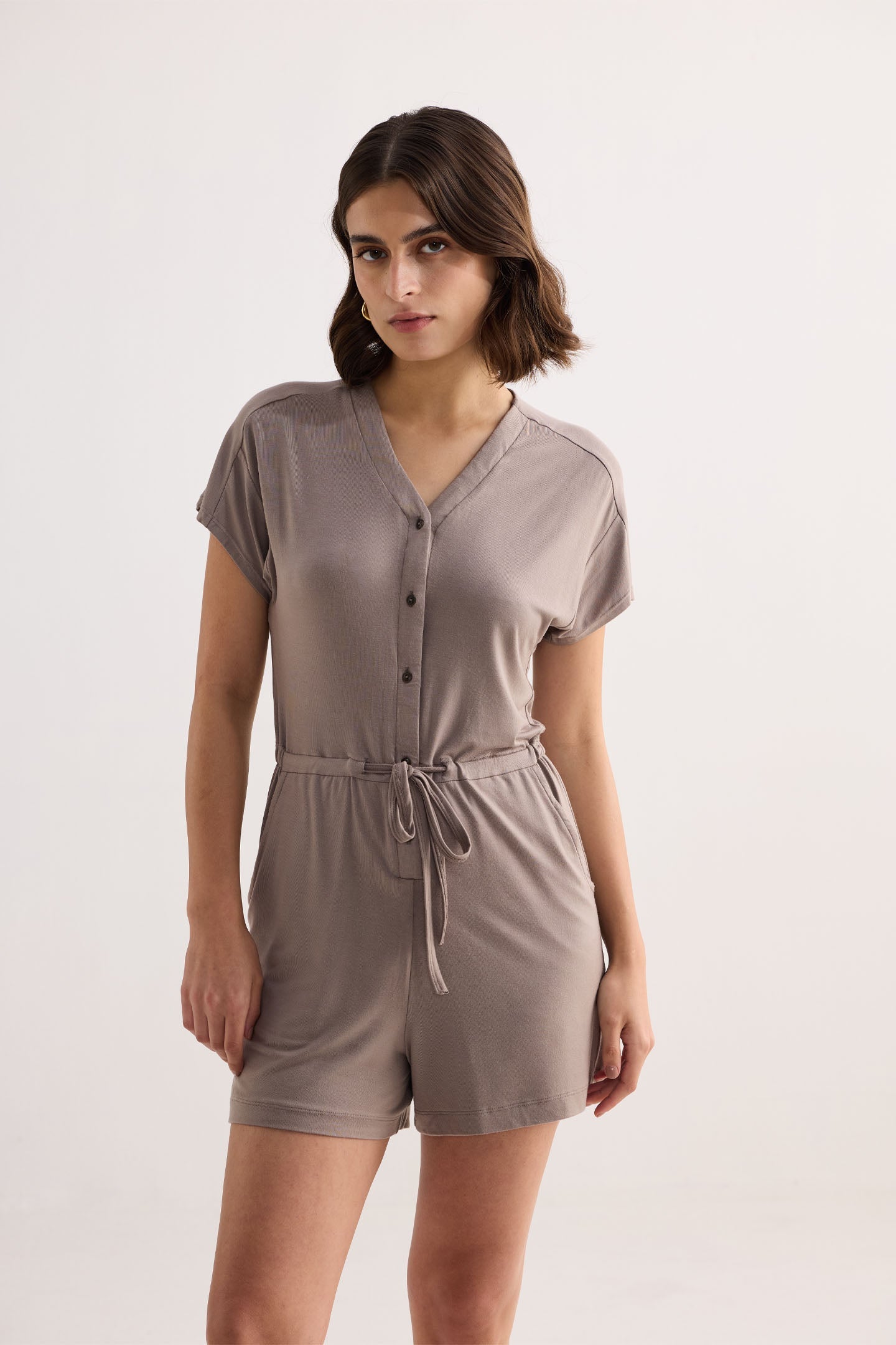 V-neck Drawstring Knit Romper in Earth Grey