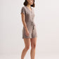 V-neck Drawstring Knit Romper in Earth Grey