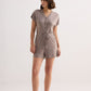 V-neck Drawstring Knit Romper in Earth Grey