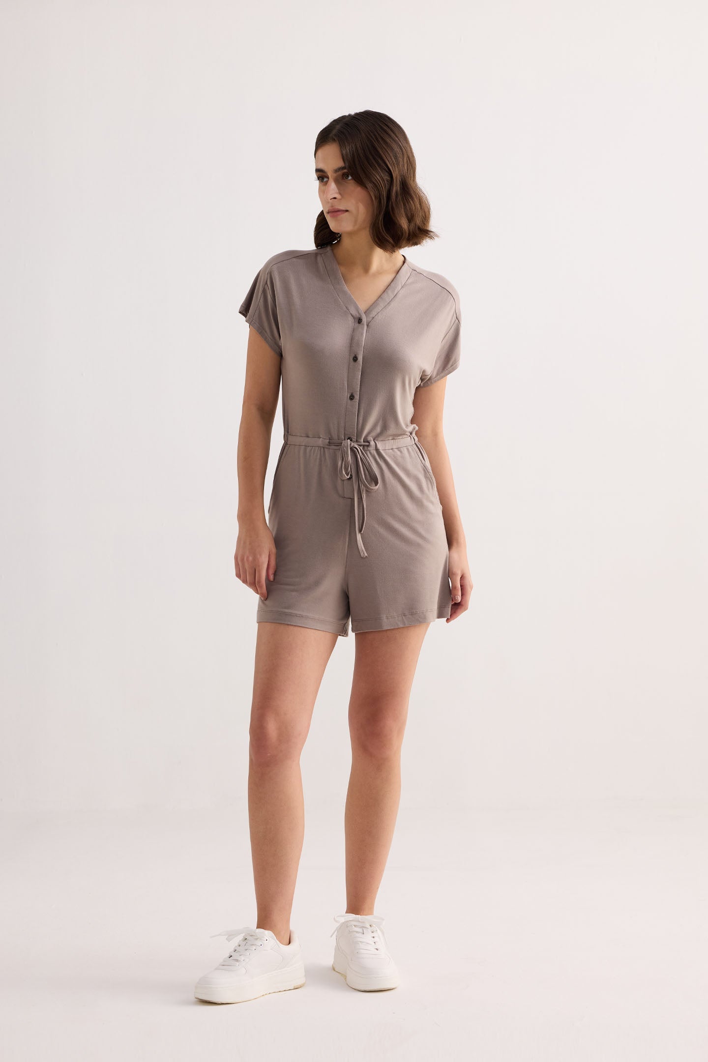 V-neck Drawstring Knit Romper in Earth Grey