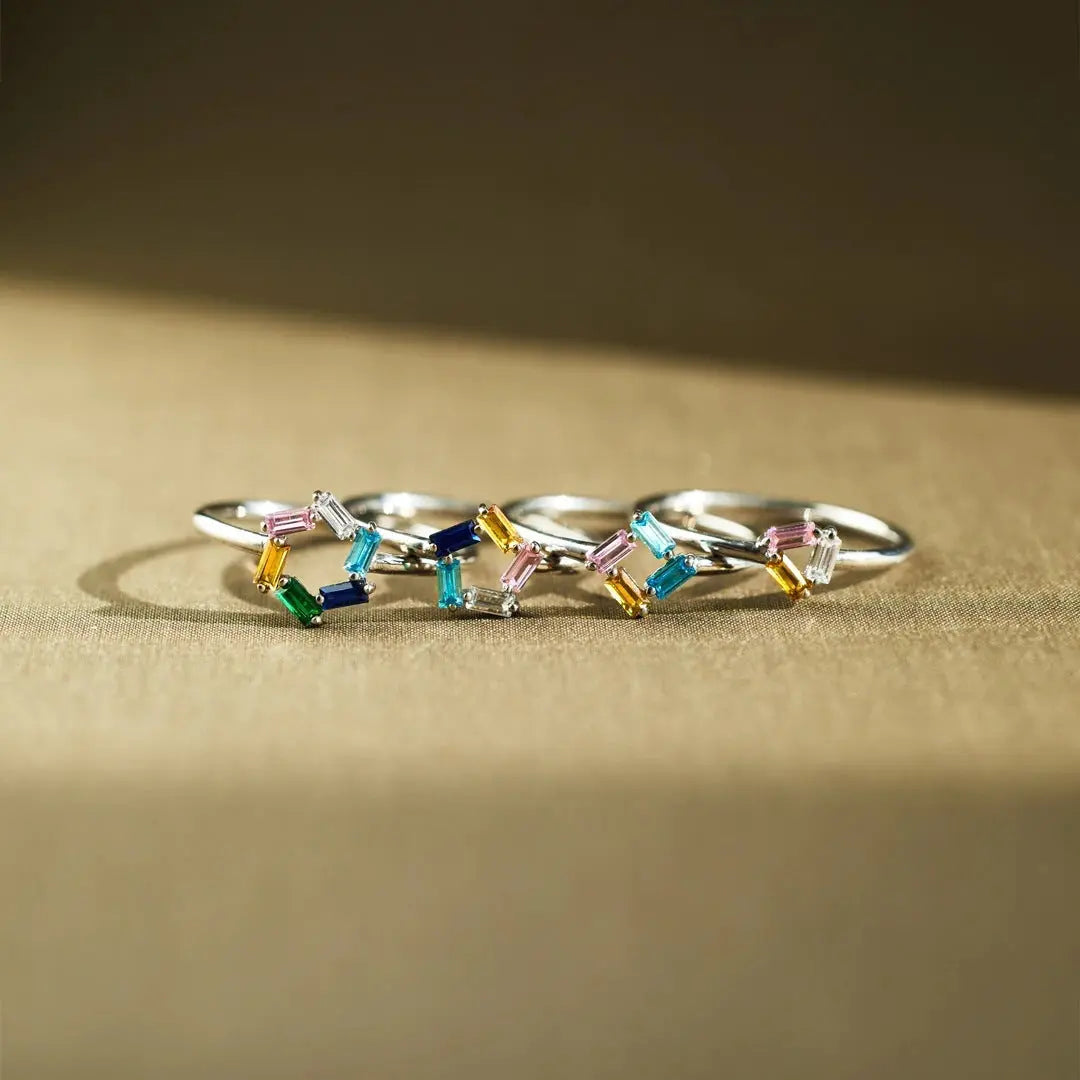 925 Rectangular Birthstone Ring Female Simple Fashion 3-6 Diamond Color Optional Customization
