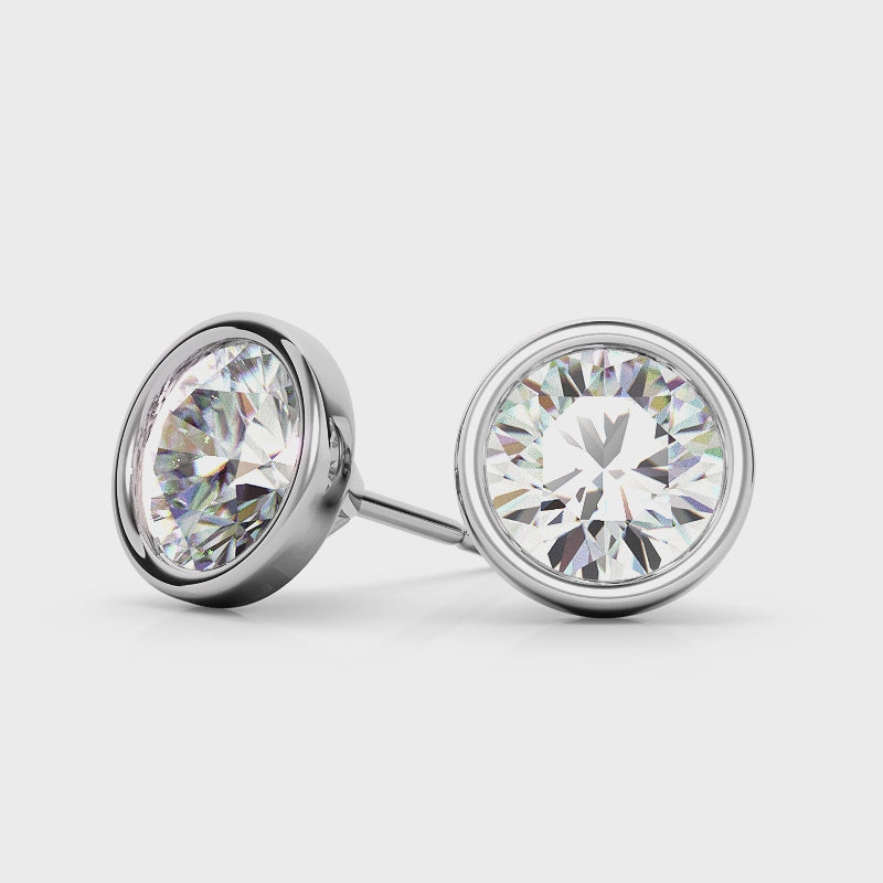 Bezel Round Lab Grown Diamond Stud Earrings in 14K White or Yellow Gold - 2.00 or 3.00 CTW