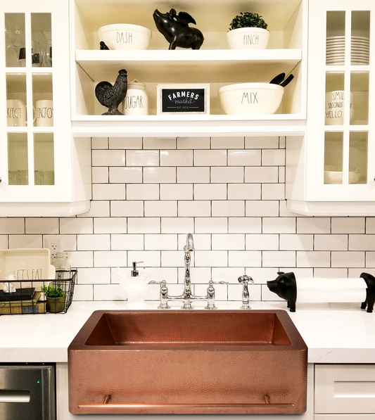 33" Farmhouse Single Well Towel Holder Straight Apron Hammered Copper Kitchen Sink