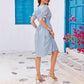 Floral V-neck Puff-Sleeve Bow-Trimmed Half-Buttoned Waist-Cinched Dress