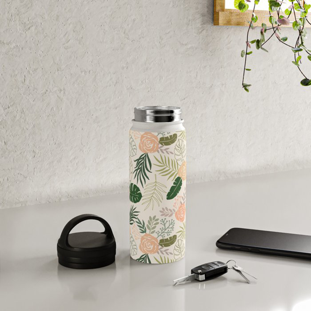 Yellow & Green Tropical Floral Handle Lid Water Bottle