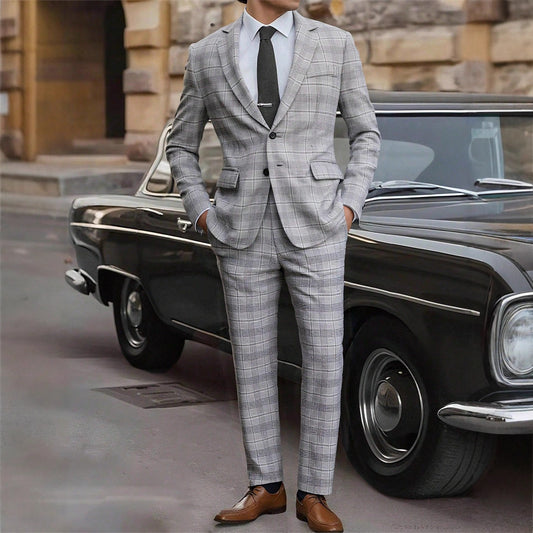 Herren Slim-Fit Karierter Business-Anzug Zweiteiliges Set