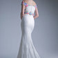 Two piece off the shoulder fitted dress with embroidered floral appliques and lace detailed skirt.