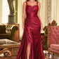 Fitted Stretch Satin Gown With Sash