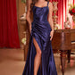 Fitted Stretch Satin Gown With Sash