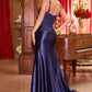 Fitted Stretch Satin Gown With Sash