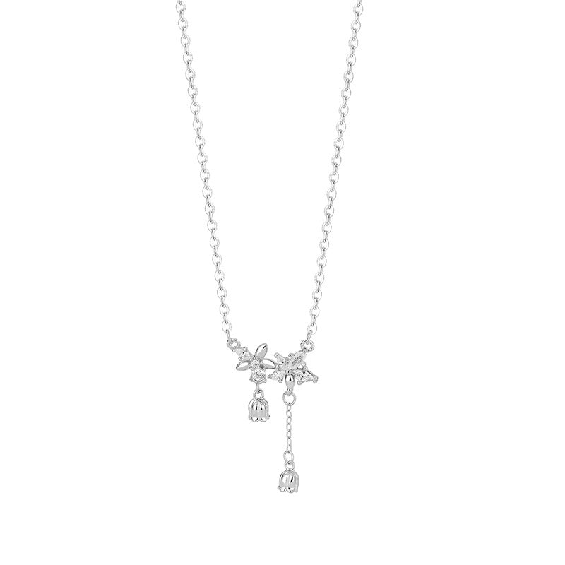 S999 Pure Silver Delicate Flower Lily Of The Valley Tassel Necklace