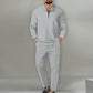 Waffle Solid Color Zipper Long Sleeve Trousers Suit Men