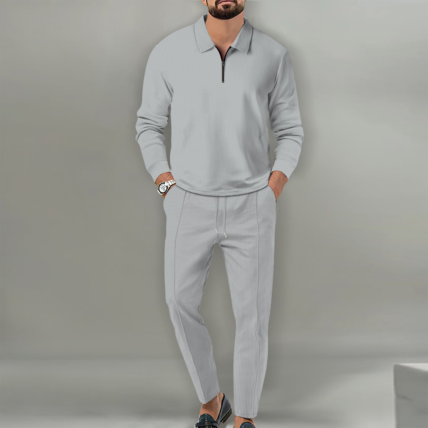 Waffle Solid Color Zipper Long Sleeve Trousers Suit Men