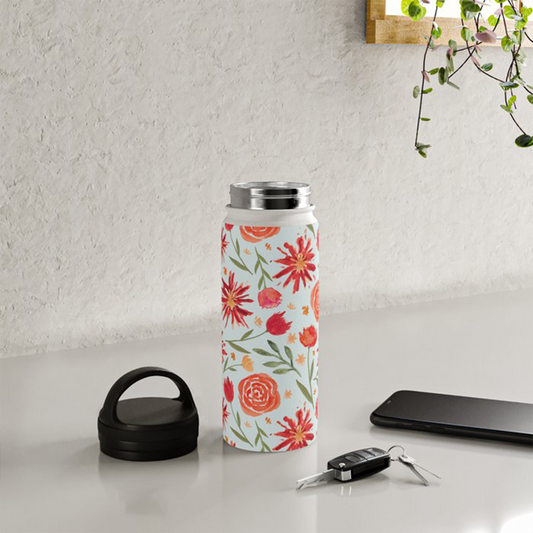 Red Flower Burst Handle Lid Water Bottle