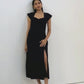 Ruched Dress with Front Slit in Black