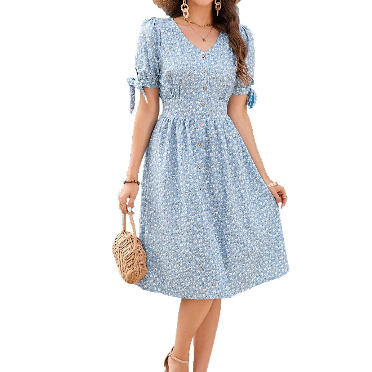 Floral V-neck Puff-Sleeve Bow-Trimmed Half-Buttoned Waist-Cinched Dress