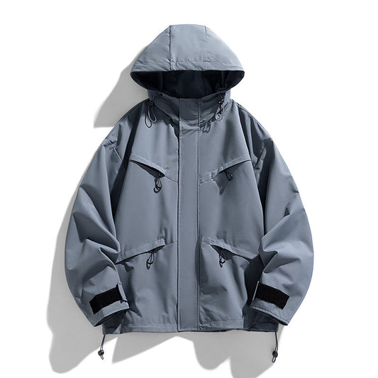 Japanischer Retro-Kapuzenjacke mit Reißverschlusstaschen und lockerer Passform