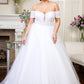Embroidered Bodice Cut-Away Shoulder Glitter Mesh Wedding Gown w/ Sequin Mesh Lining