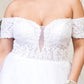 Embroidered Bodice Cut-Away Shoulder Glitter Mesh Wedding Gown w/ Sequin Mesh Lining