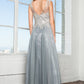 Chiffon Long Dress with Lace Embellished Bodice and Sheer Neckline
