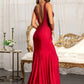 Beads Embellished Jersey Mermaid Dress w/ Open Back and Sheer Sides