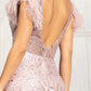 Feather-Shoulder Embellished A-line Dress w/ Open V-back