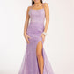 Straight Across Sequin Embellished Mesh Mermaid Dress w/ Slit