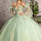3-D Flower Jewel Sheer Bodice Mesh Ball Gown w/ Long Sleeves