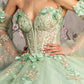 3-D Flower Jewel Sheer Bodice Mesh Ball Gown w/ Long Sleeves