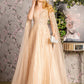 Bead Sequin Mesh A-line Long Dress w/ Side Cape Long Sleeves