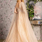 Bead Sequin Mesh A-line Long Dress w/ Side Cape Long Sleeves