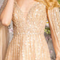 Bead Sequin Mesh A-line Long Dress w/ Side Cape Long Sleeves