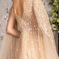 Bead Sequin Mesh A-line Long Dress w/ Side Cape Long Sleeves