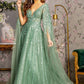 Bead Sequin Mesh A-line Long Dress w/ Side Cape Long Sleeves